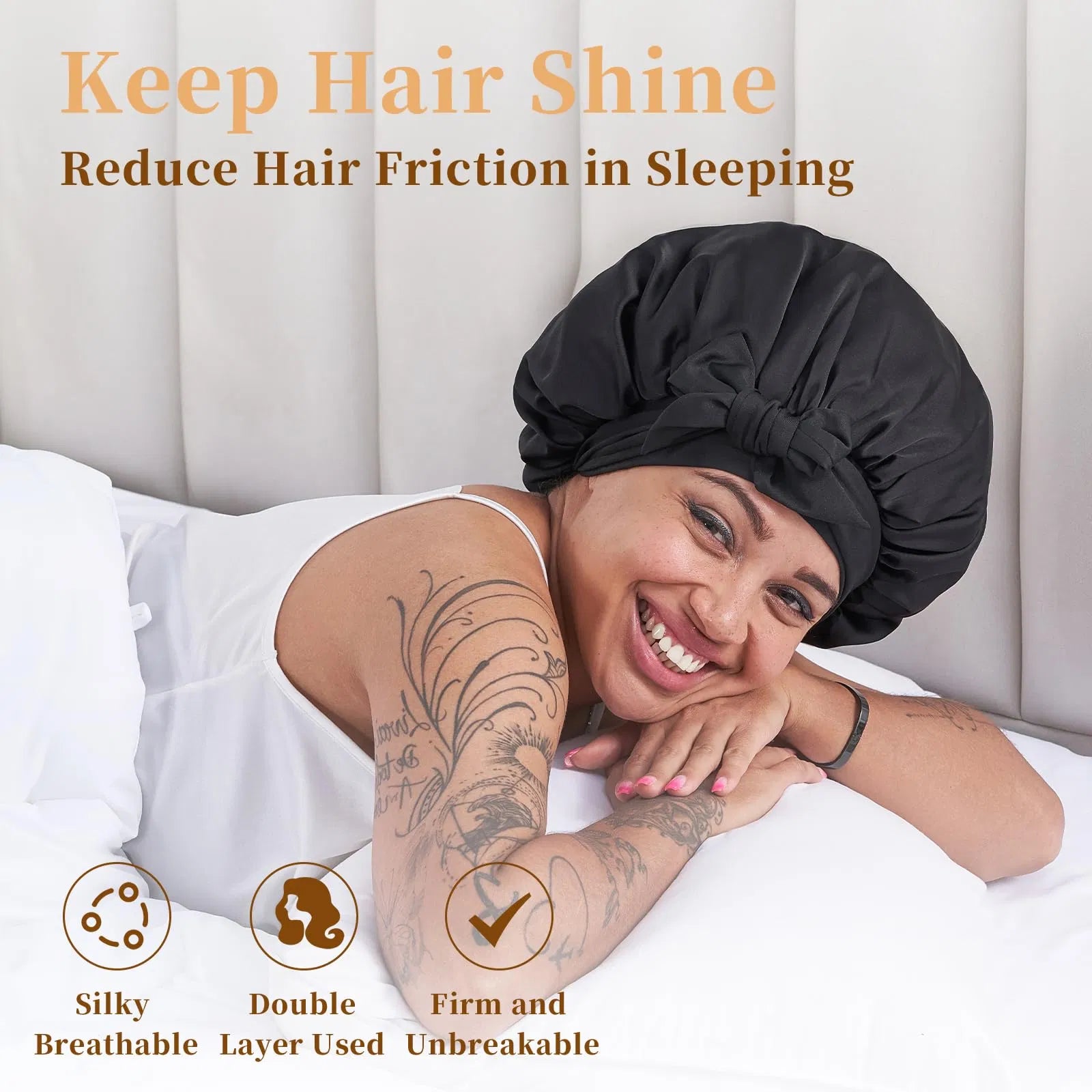 Silk Satin Sleeping Bonnet – Hair Protection for Women & Men, Wavy, Curly & Natural Hair, Black