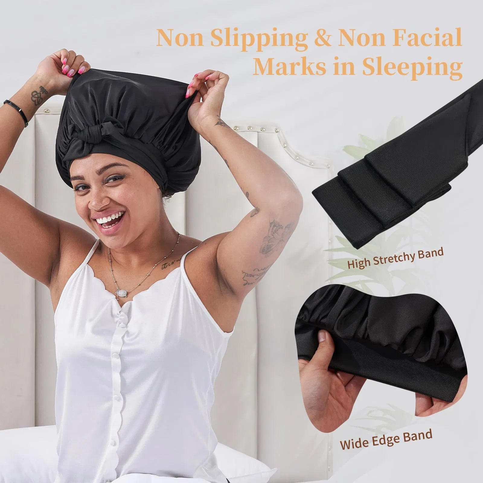 Silk Satin Sleeping Bonnet – Hair Protection for Women & Men, Wavy, Curly & Natural Hair, Black