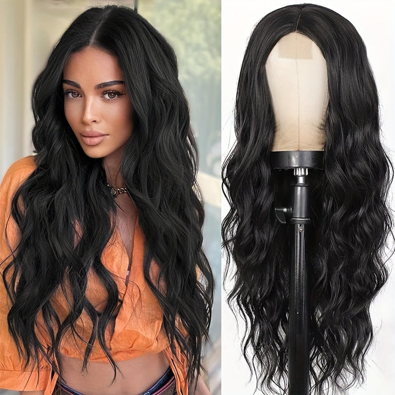 26 Inch Black Long Wavy Wig – Non-Toxic Heat-Resistant Synthetic with Small Lace, Natural Look for All Occasions”
