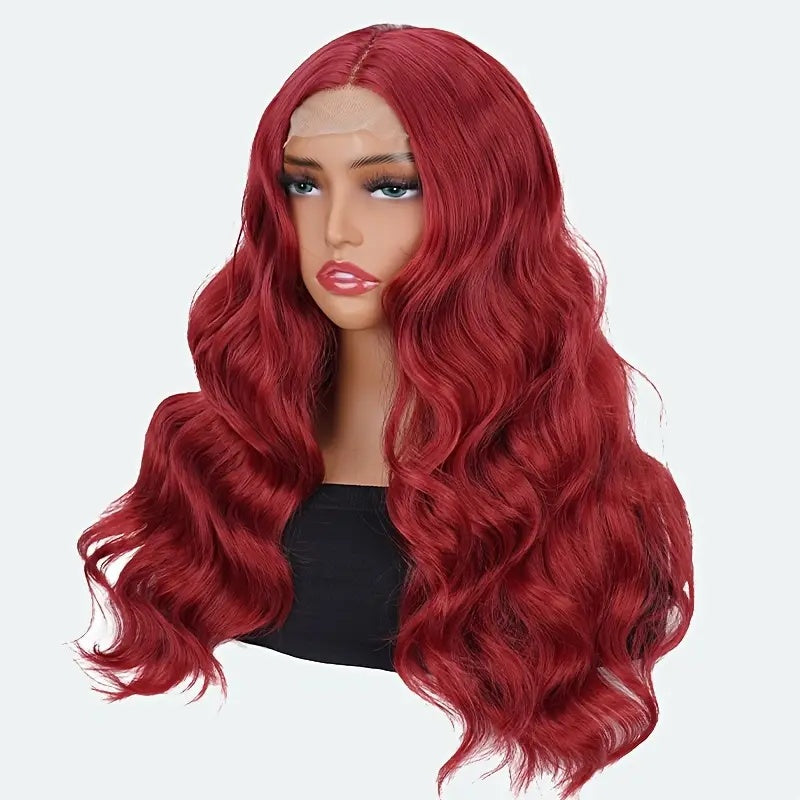 24 Inch Red Wavy Synthetic Lace Front Wig – High-Temperature Fiber, Middle Part, Natural Look, Breathable & Versatile for Cosplay & Daily Use