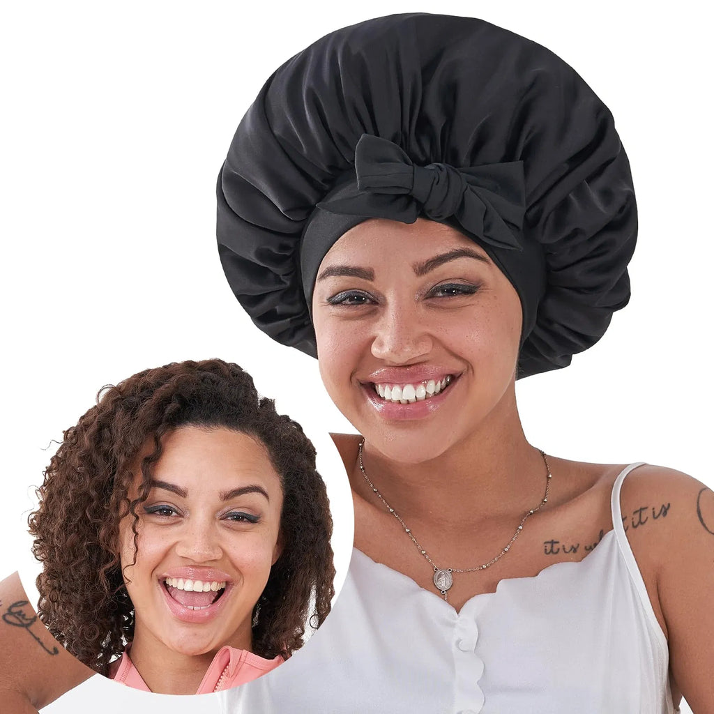 Silk Satin Sleeping Bonnet – Hair Protection for Women & Men, Wavy, Curly & Natural Hair, Black
