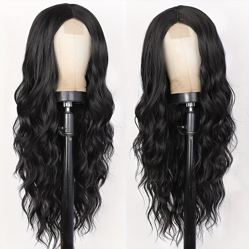 26 Inch Black Long Wavy Wig – Non-Toxic Heat-Resistant Synthetic with Small Lace, Natural Look for All Occasions”