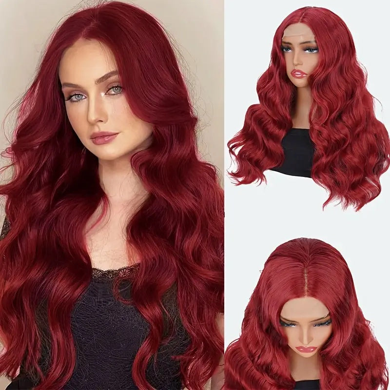 24 Inch Red Wavy Synthetic Lace Front Wig – High-Temperature Fiber, Middle Part, Natural Look, Breathable & Versatile for Cosplay & Daily Use