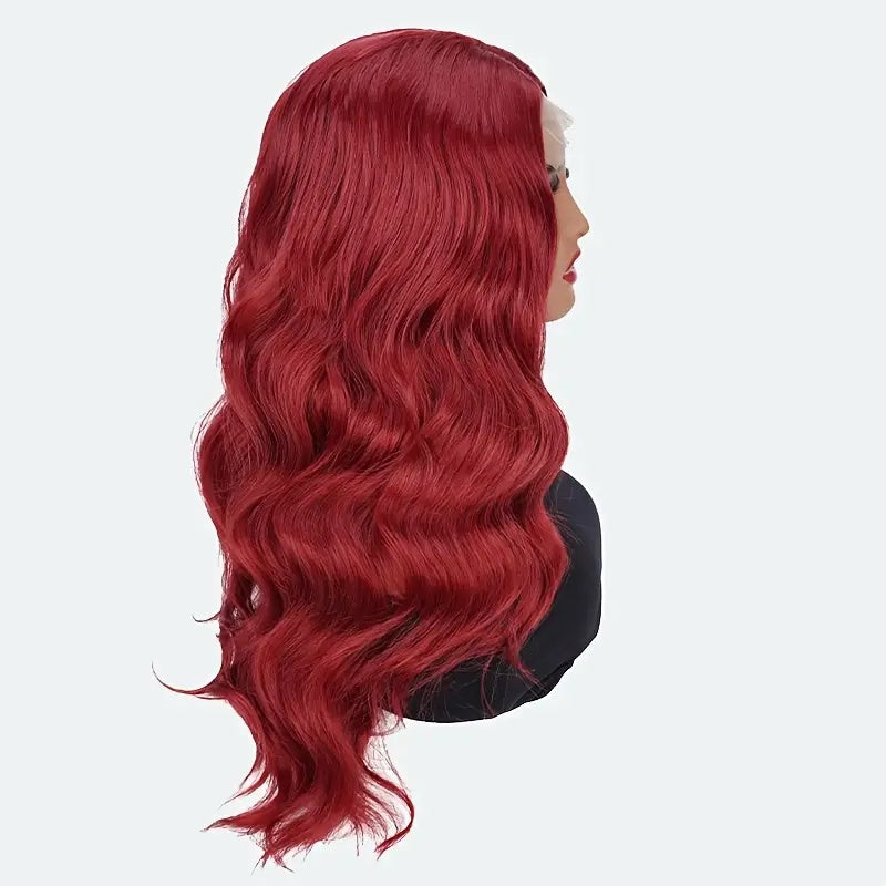 24 Inch Red Wavy Synthetic Lace Front Wig – High-Temperature Fiber, Middle Part, Natural Look, Breathable & Versatile for Cosplay & Daily Use
