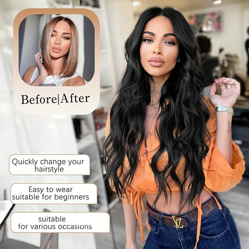 26 Inch Black Long Wavy Wig – Non-Toxic Heat-Resistant Synthetic with Small Lace, Natural Look for All Occasions”